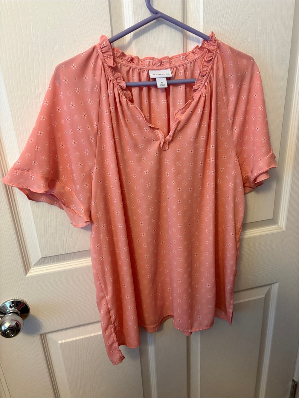 Liz Claiborne Coral Pink Ruffle-Trim Short Sleeve Blouse